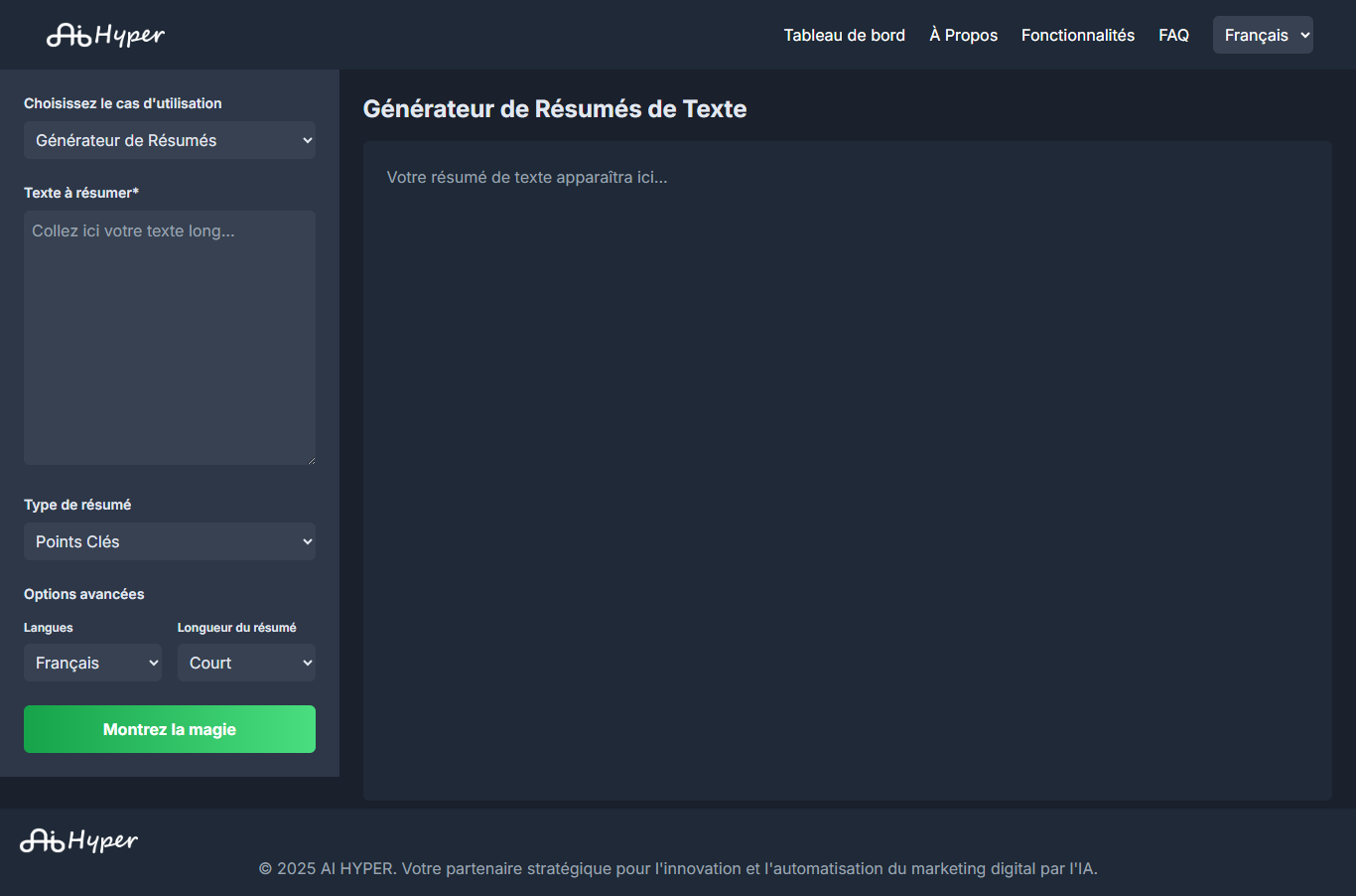 Générateur de Résumés de TexteObtenez l'essentiel en quelques secondes. Cet outil analyse de longs documents, articles ou pages web et en génère des résumés concis, clairs et précis. Gagnez du temps et assimilez l'information plus rapidement.
Mode d'emploi
Saisissez le texte : Collez le texte que vous souhaitez résumer dans le champ de texte.
Sélectionnez les options : Utilisez le menu déroulant pour choisir le style de résumé (par exemple, "résumé de 3 phrases", "résumé par points-clés", "résumé détaillé").
Appuyez sur "Générer" : L'IA génère un résumé de votre texte, en extrayant les informations les plus importantes.